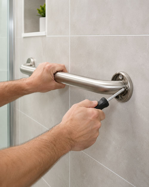 Installing a grab bar on a tile wall.