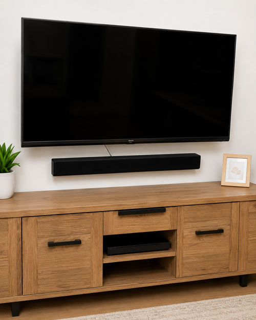 A TV and soundbar installed on a wall above a media console