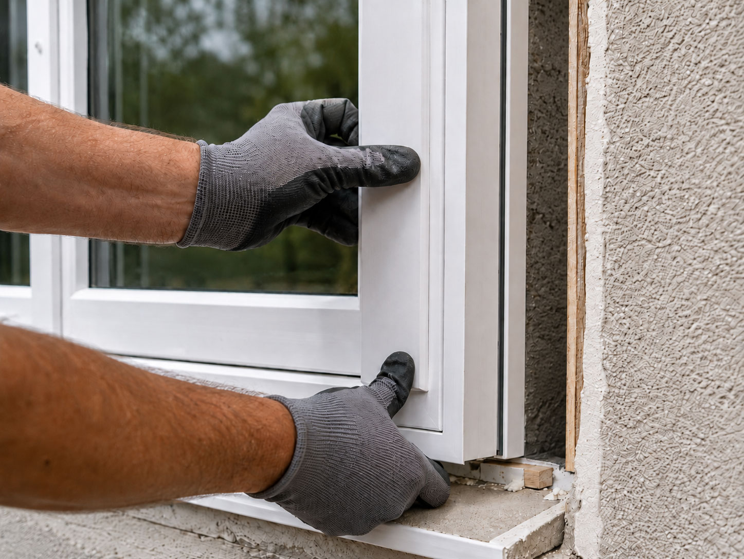 Installing a window frame into an exterior wall