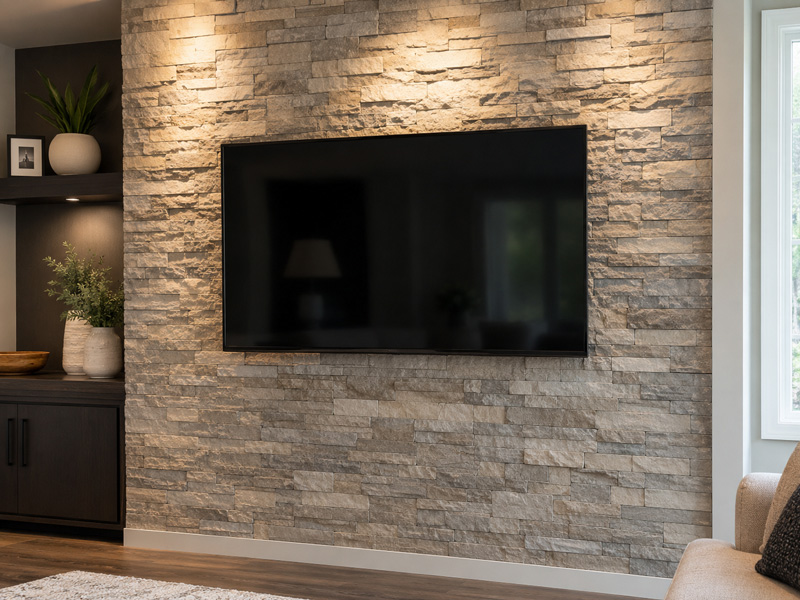 A TV mounted on a stone wall