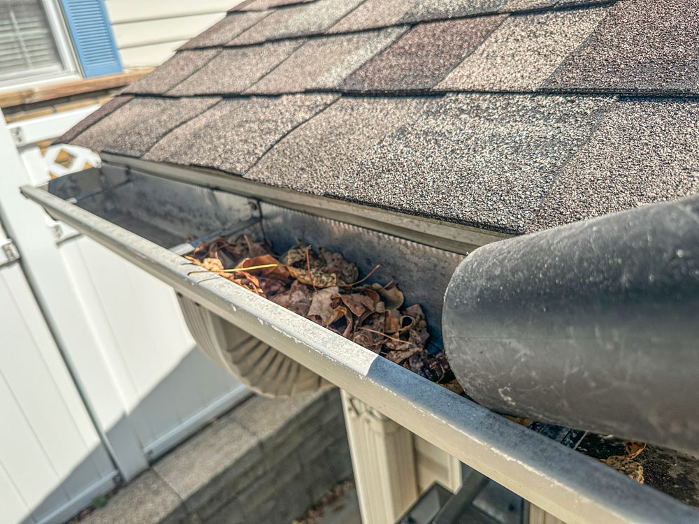 blowing debris out of clogged gutter
