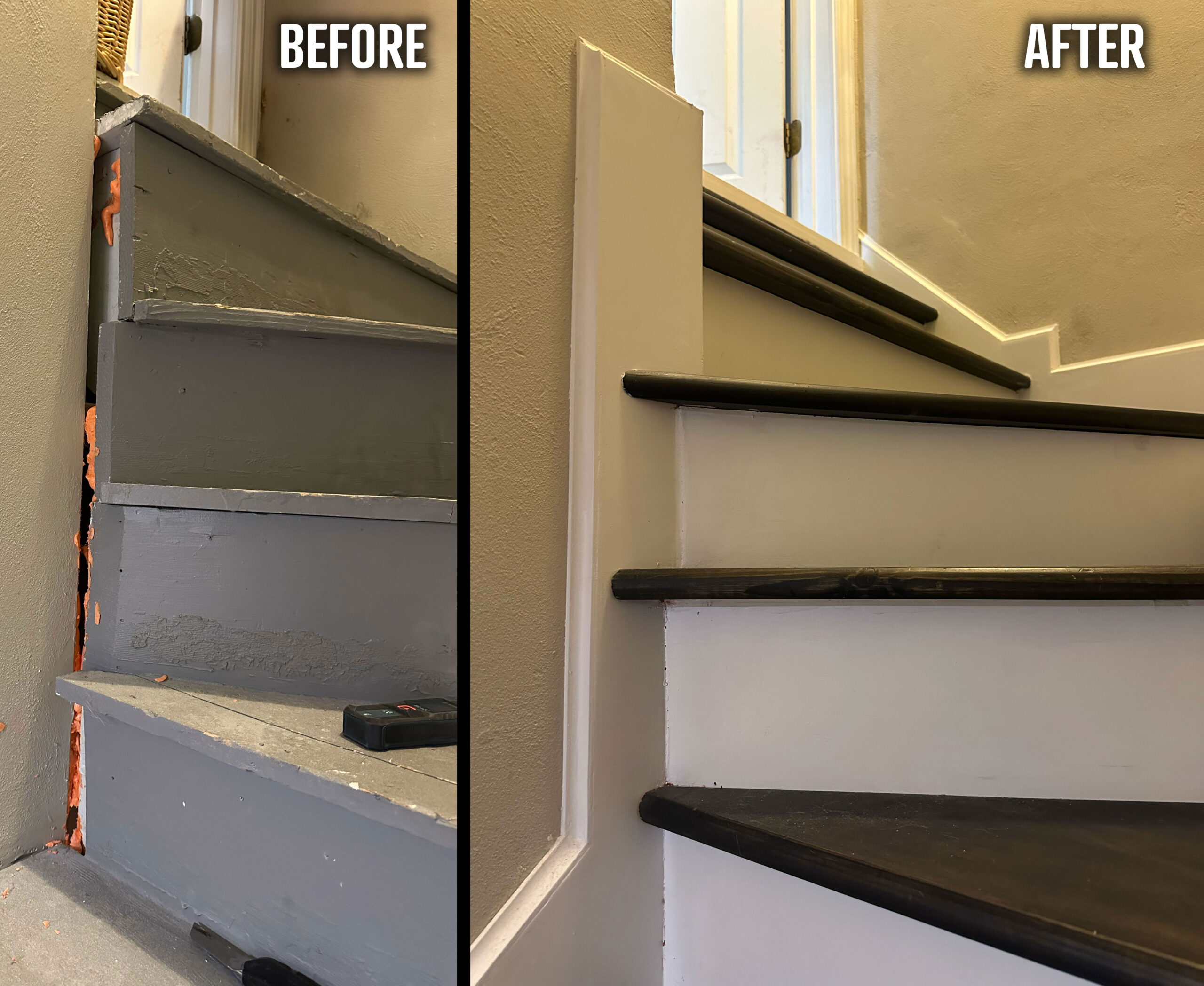 Before and after of a staircase: worn gray steps with a gap at the wall on the left, finished white risers, dark treads and clean trim on the right