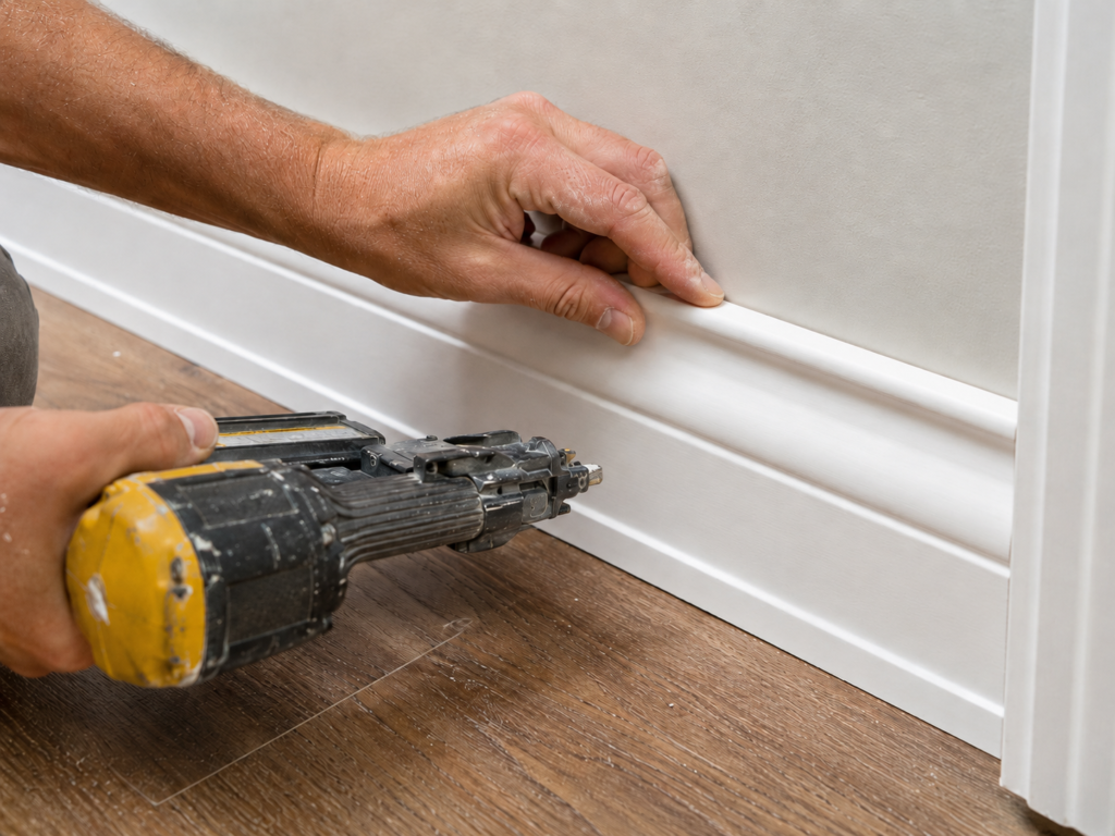 Hands holding white baseboard trim in place along a wall with a finish nailer