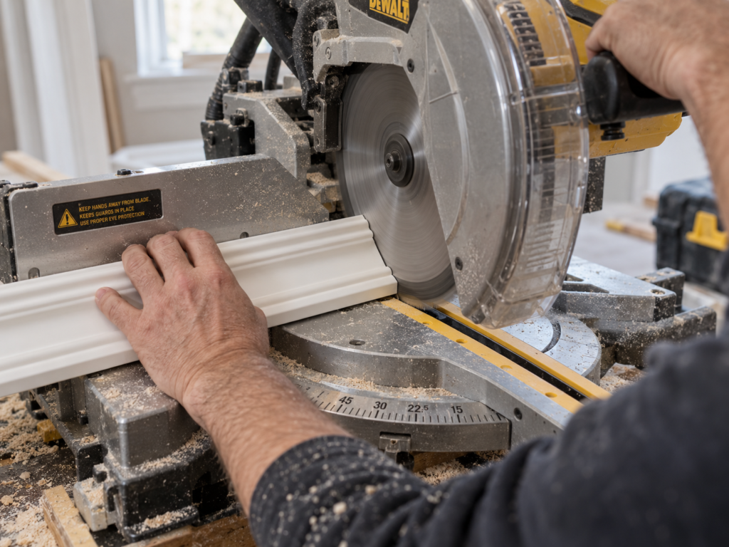 Cutting white crown molding on a miter saw